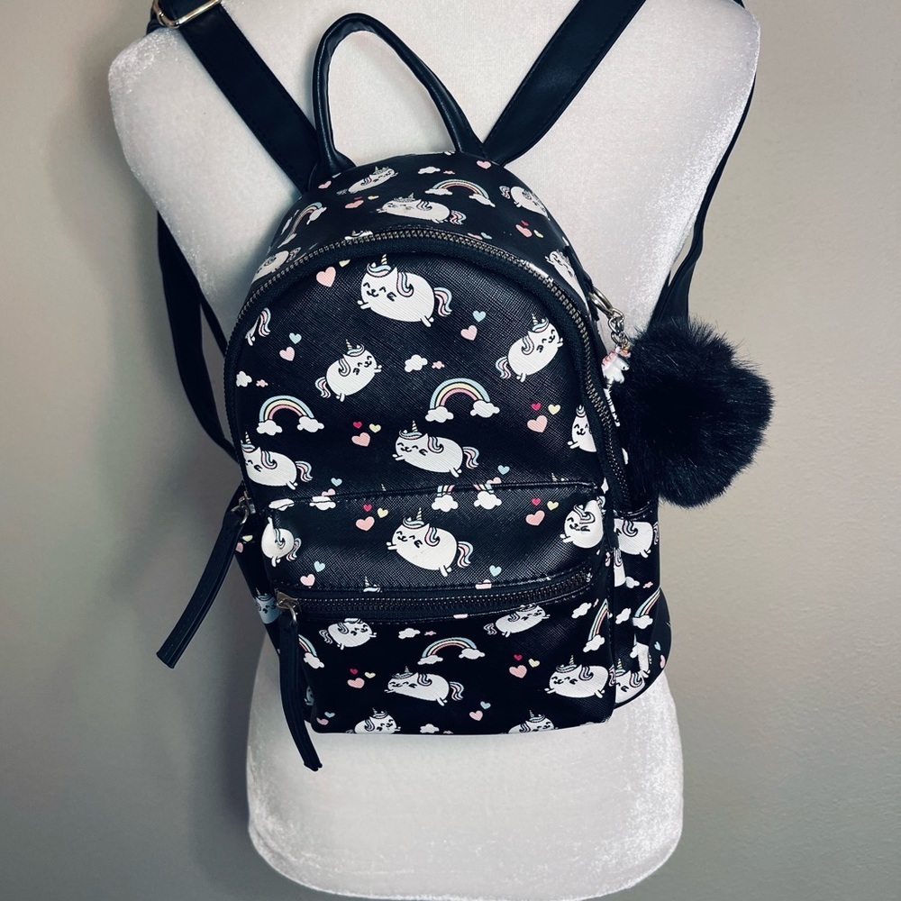 Unicorn And Rainbows Mini Vinyl Backpack Purse Bookbag With Pom Pom
